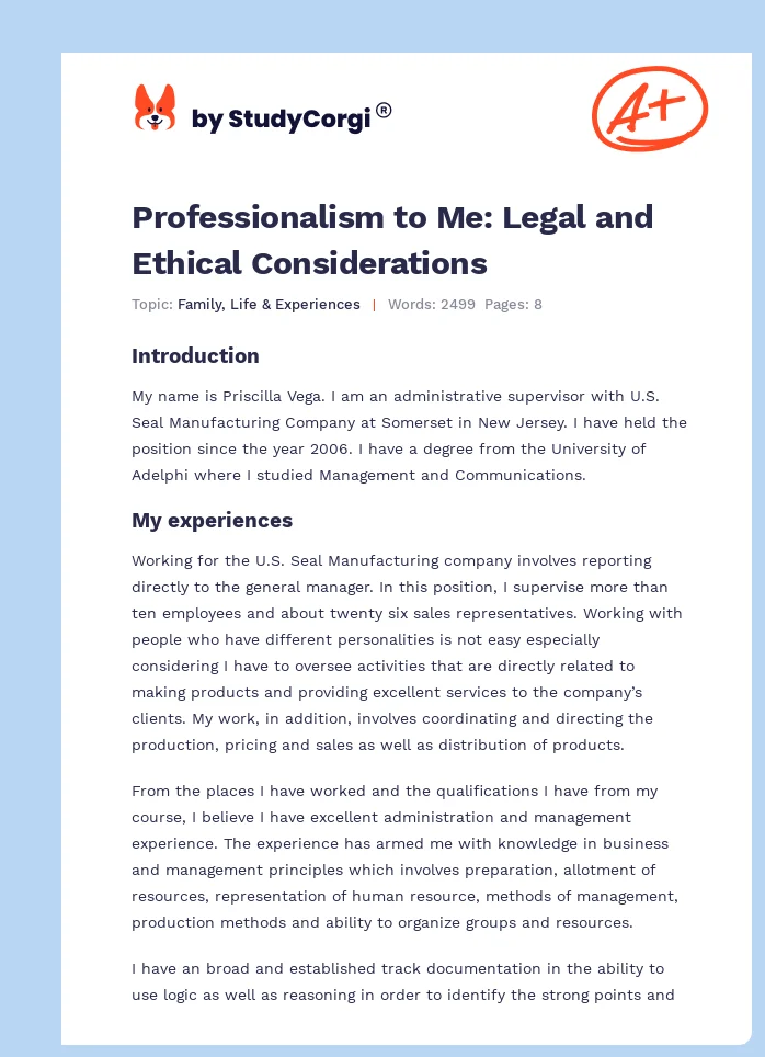 Professionalism to Me: Legal and Ethical Considerations. Page 1