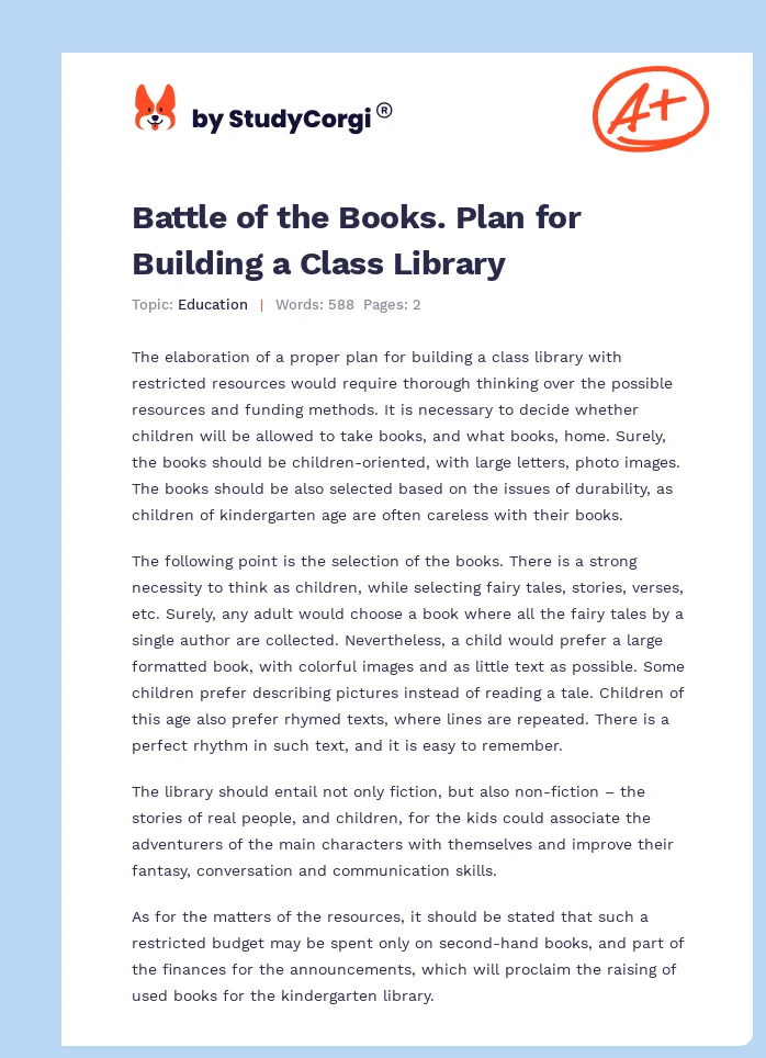 Battle of the Books. Plan for Building a Class Library. Page 1