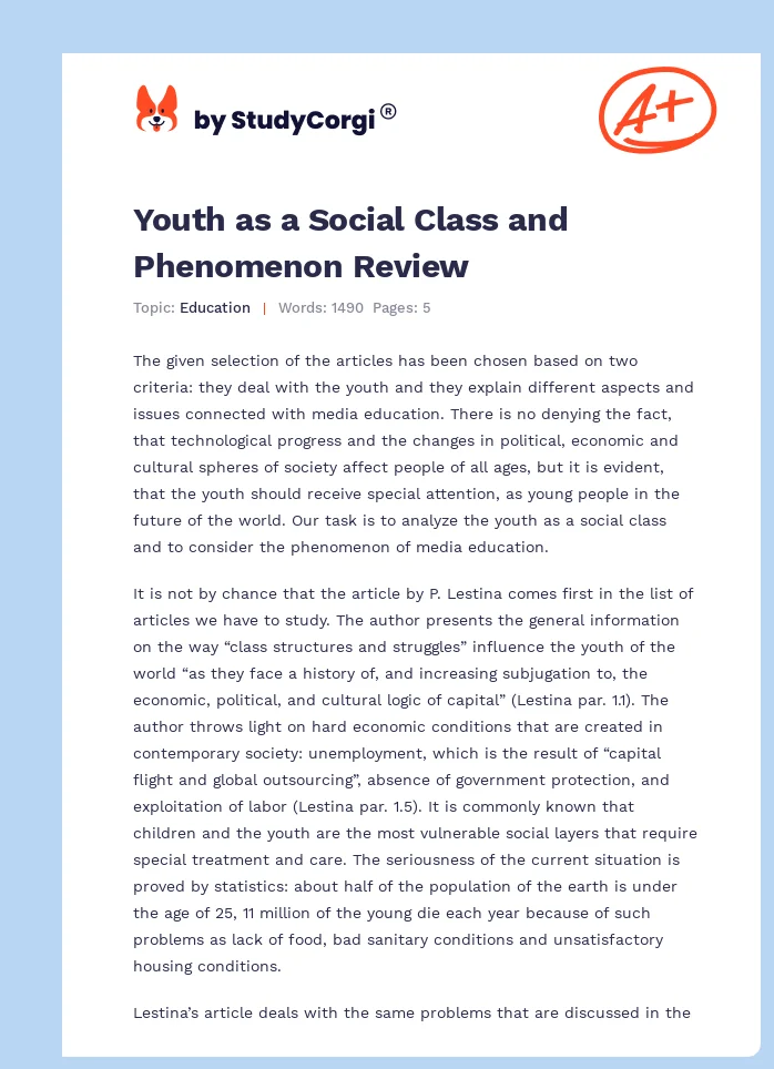 Youth as a Social Class and Phenomenon Review. Page 1