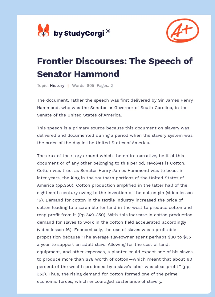 Frontier Discourses: The Speech of Senator Hammond. Page 1