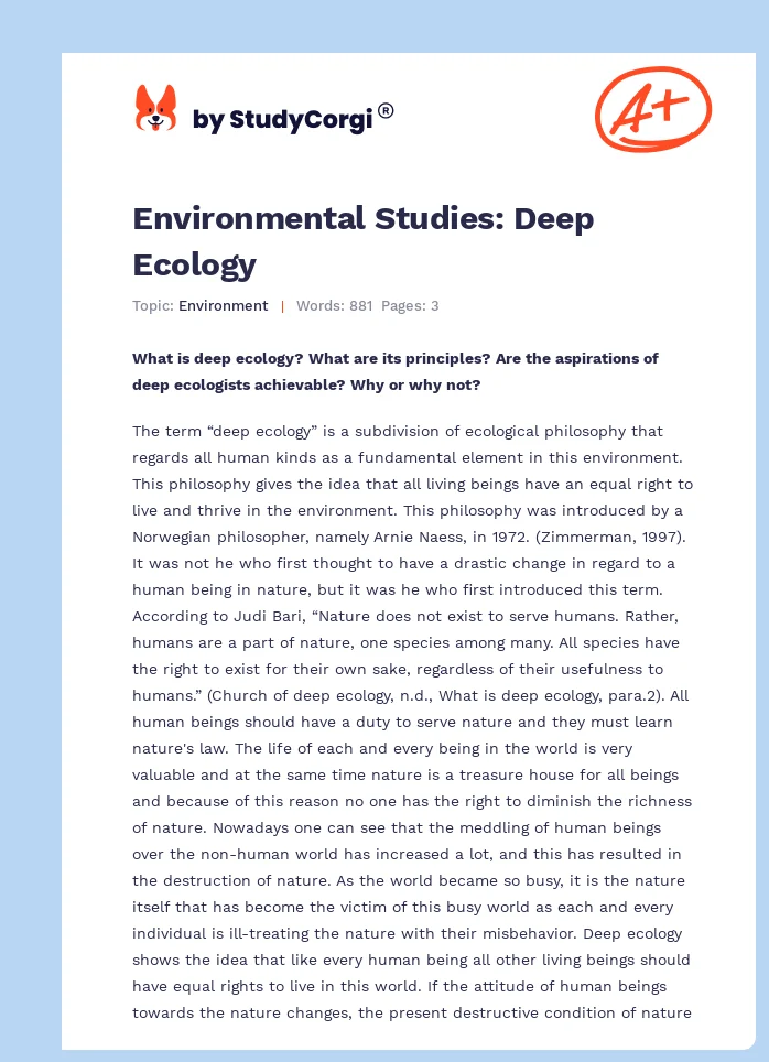 Environmental Studies: Deep Ecology. Page 1