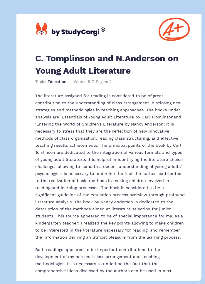 C. Tomplinson and N.Anderson on Young Adult Literature. Page 1