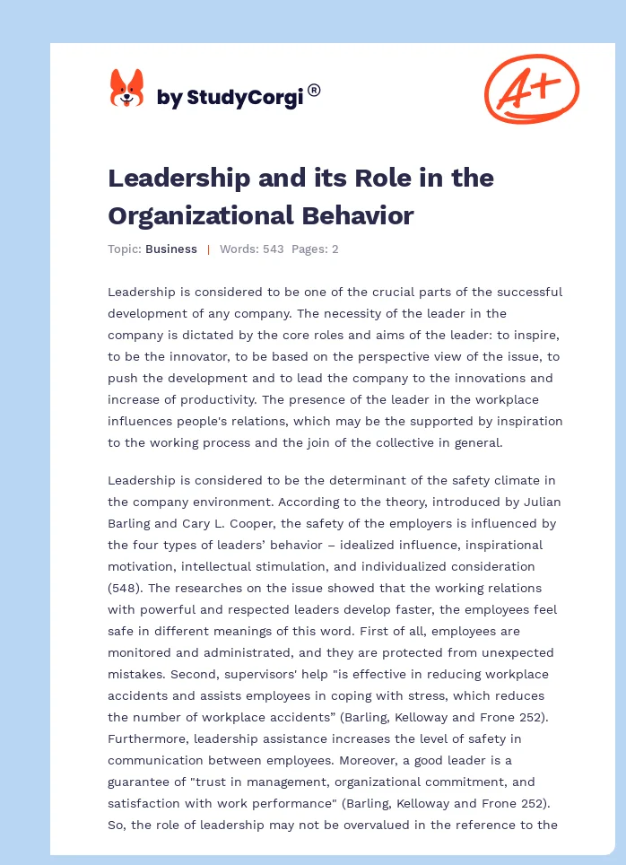 Leadership and its Role in the Organizational Behavior. Page 1