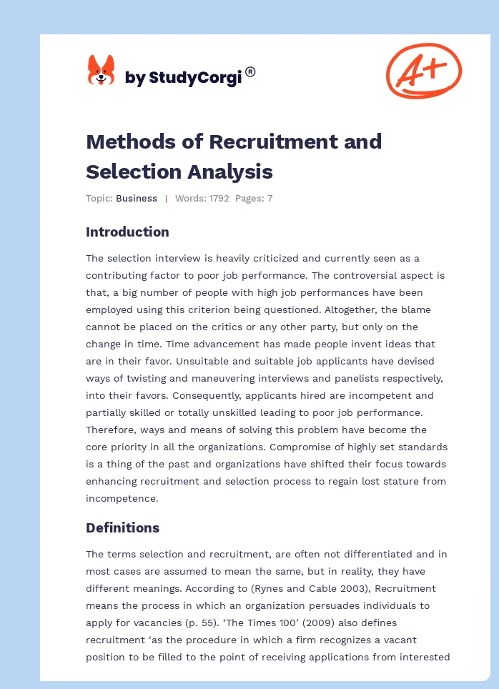 Methods of Recruitment and Selection Analysis. Page 1