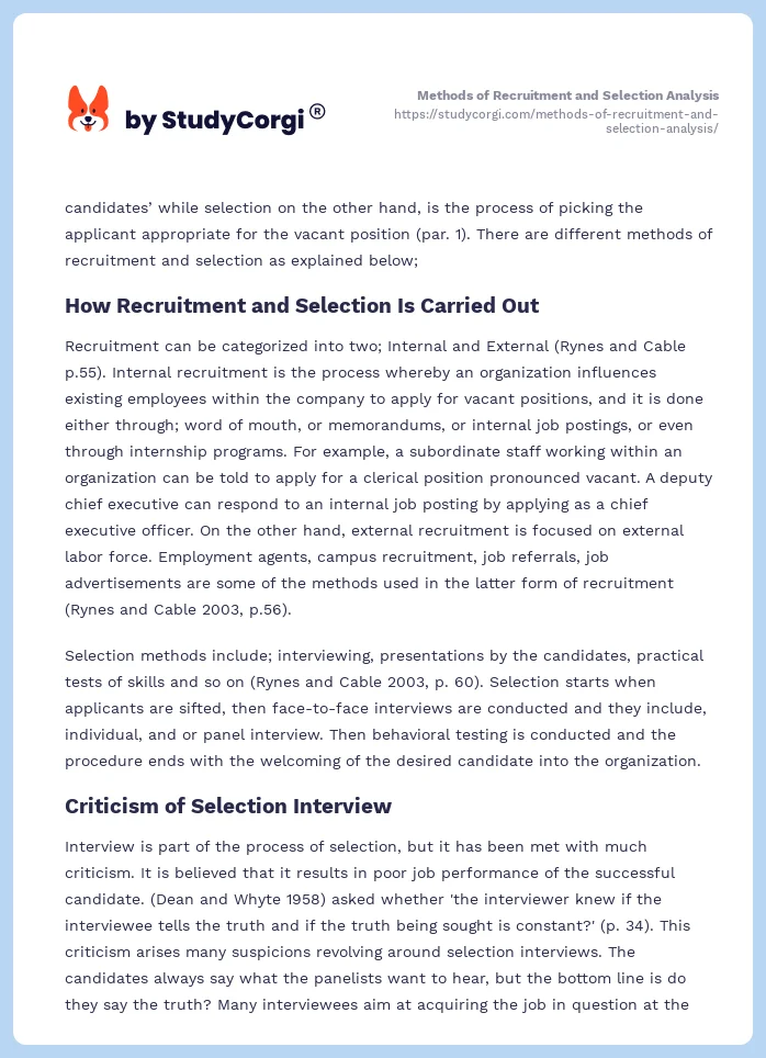 Methods of Recruitment and Selection Analysis. Page 2