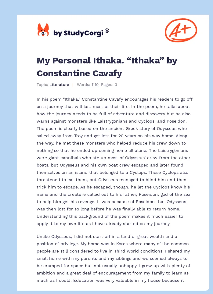 My Personal Ithaka. “Ithaka” by Constantine Cavafy. Page 1