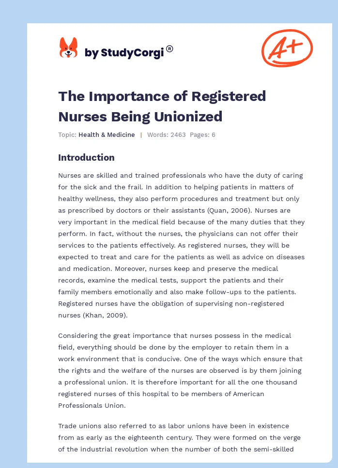 The Importance of Registered Nurses Being Unionized. Page 1