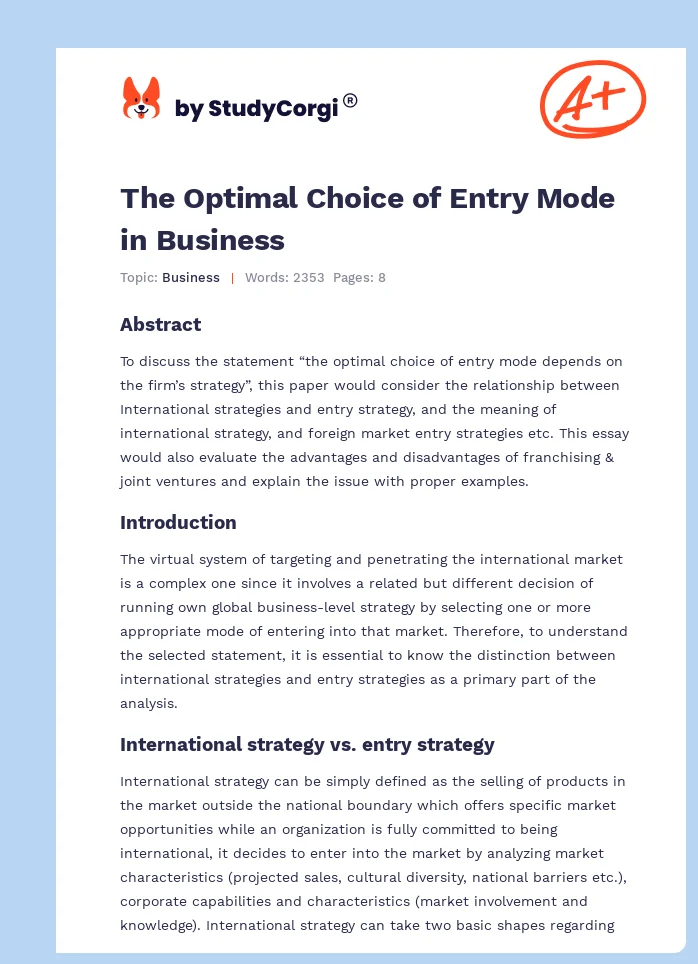 The Optimal Choice of Entry Mode in Business. Page 1