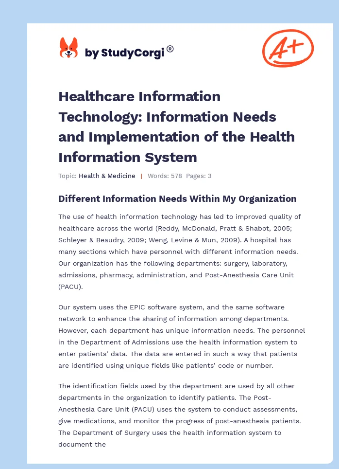 Healthcare Information Technology: Information Needs and Implementation of the Health Information System. Page 1