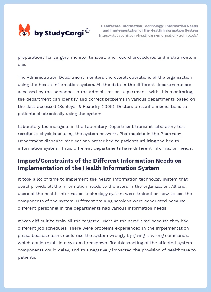 Healthcare Information Technology: Information Needs and Implementation of the Health Information System. Page 2