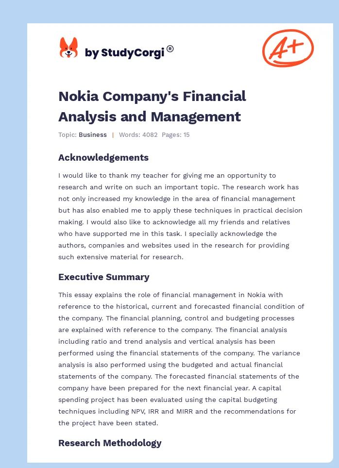 Nokia Company's Financial Analysis and Management. Page 1