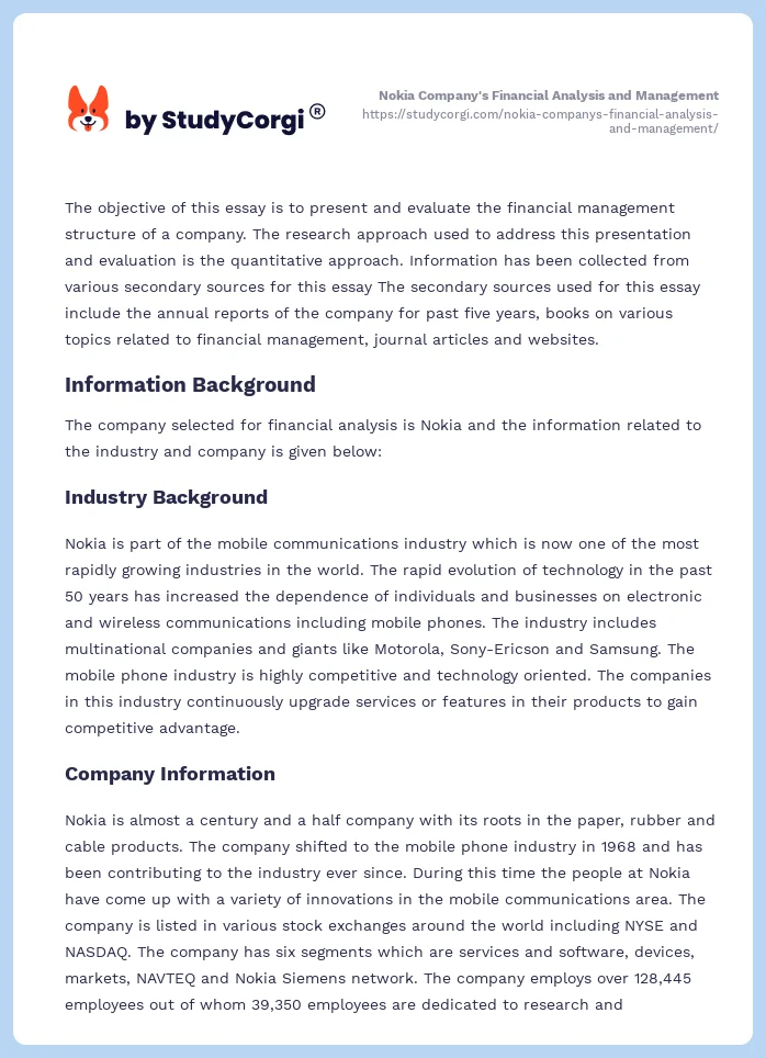 Nokia Company's Financial Analysis and Management. Page 2