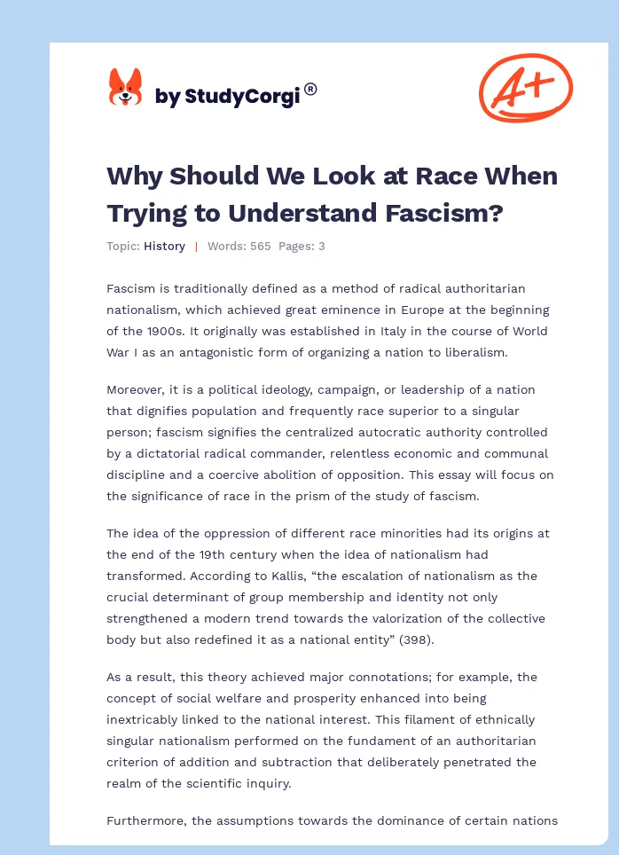 Why Should We Look at Race When Trying to Understand Fascism?. Page 1