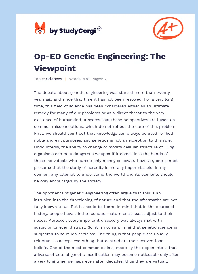 Op-ED Genetic Engineering: The Viewpoint. Page 1
