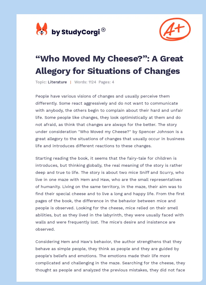 “Who Moved My Cheese?”: A Great Allegory for Situations of Changes. Page 1