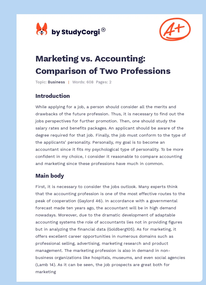 Marketing vs. Accounting: Comparison of Two Professions. Page 1