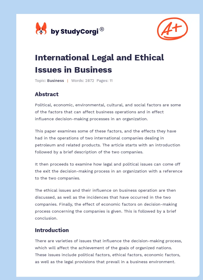 International Legal and Ethical Issues in Business. Page 1