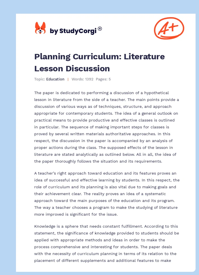 Planning Curriculum: Literature Lesson Discussion. Page 1