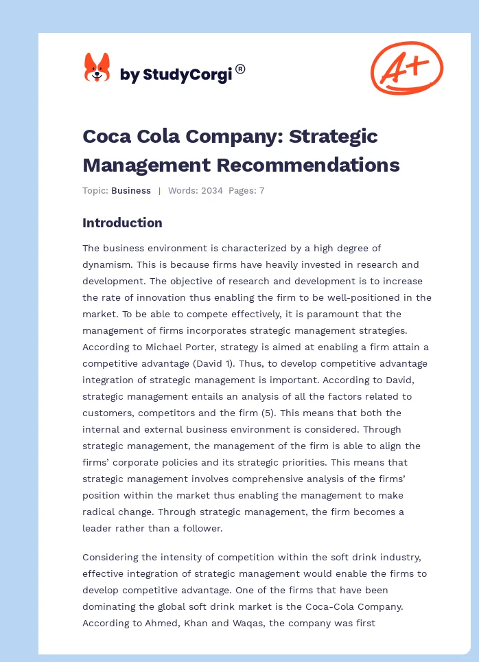 Coca Cola Company: Strategic Management Recommendations. Page 1