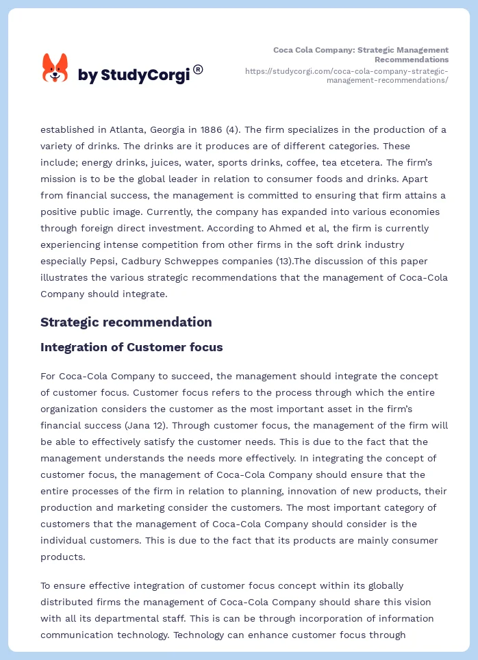 Coca Cola Company: Strategic Management Recommendations. Page 2