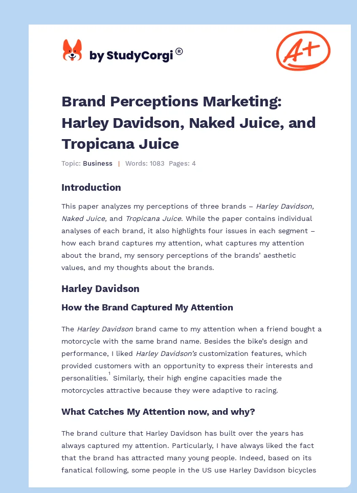 Brand Perceptions Marketing: Harley Davidson, Naked Juice, and Tropicana Juice. Page 1