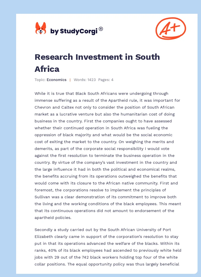 Research Investment in South Africa. Page 1