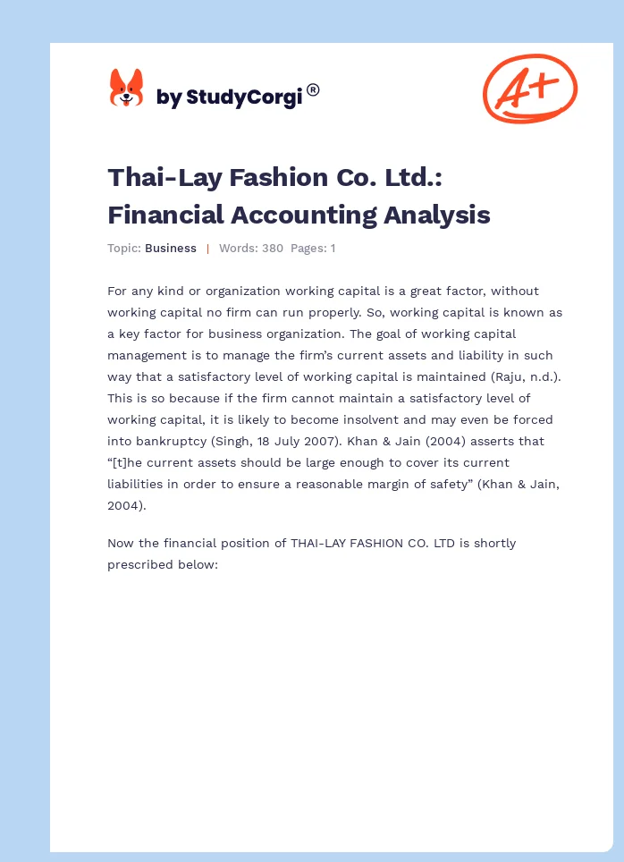 Thai-Lay Fashion Co. Ltd.: Financial Accounting Analysis. Page 1