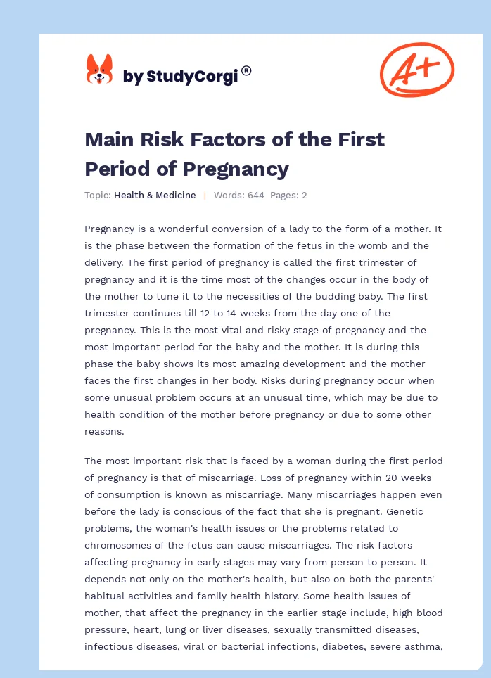 Main Risk Factors of the First Period of Pregnancy. Page 1