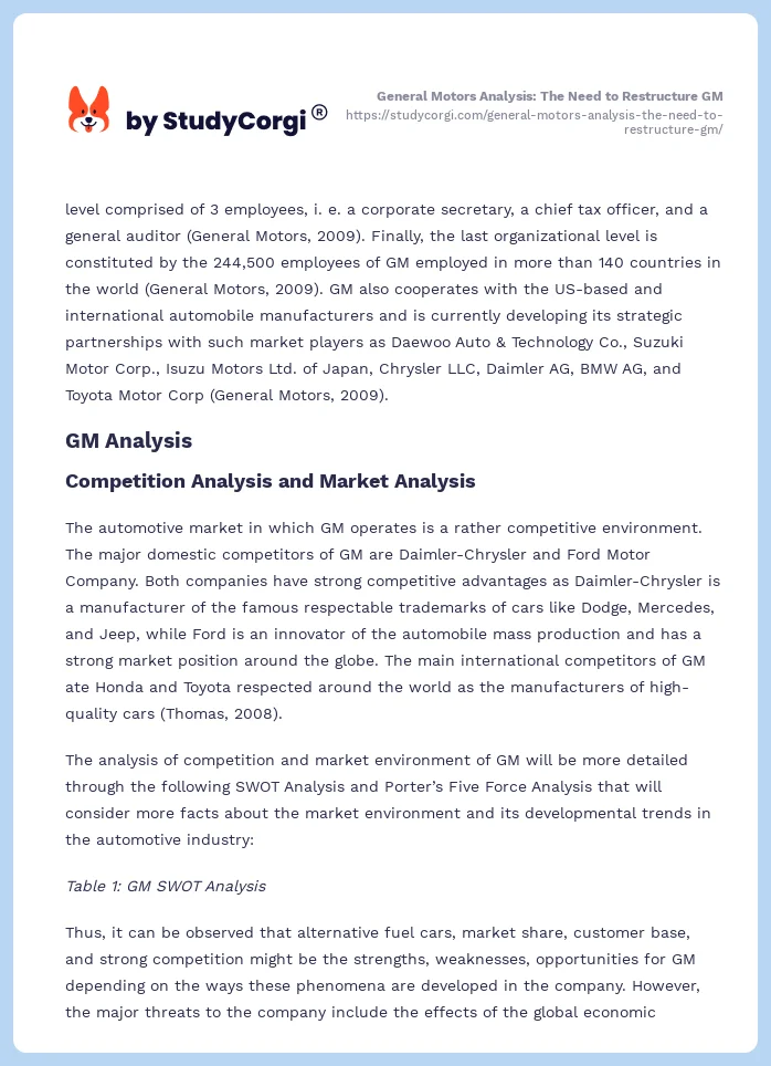 General Motors Analysis: The Need to Restructure GM. Page 2