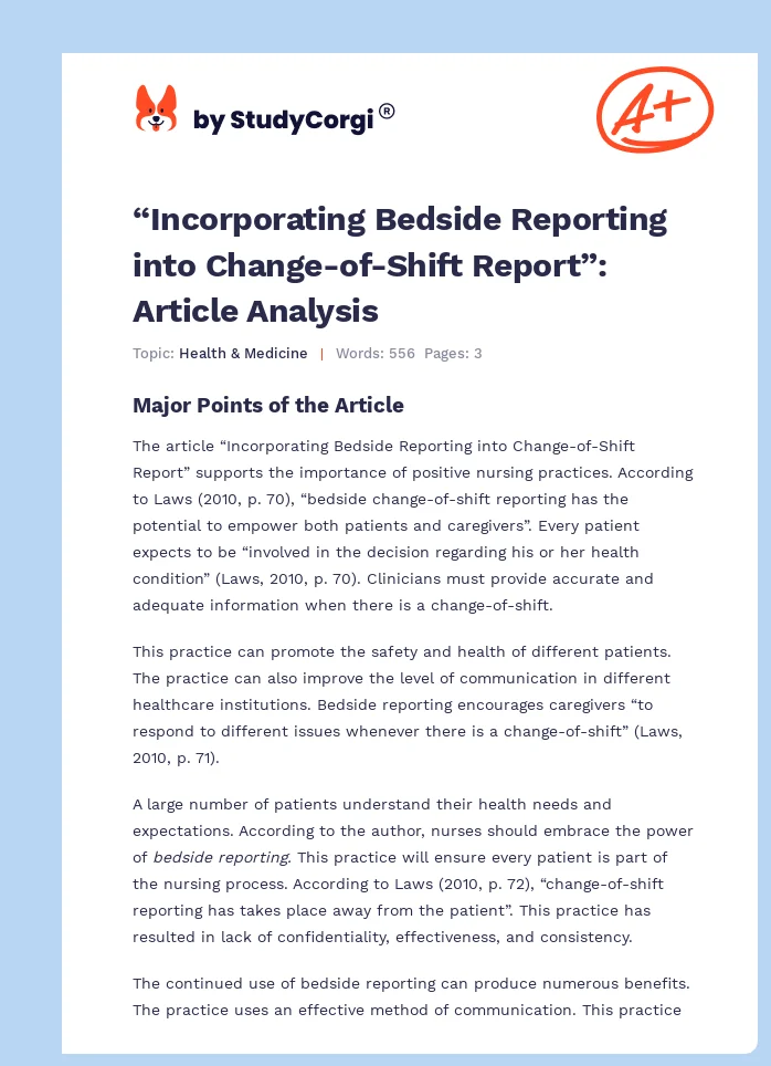 “Incorporating Bedside Reporting into Change-of-Shift Report”: Article Analysis. Page 1