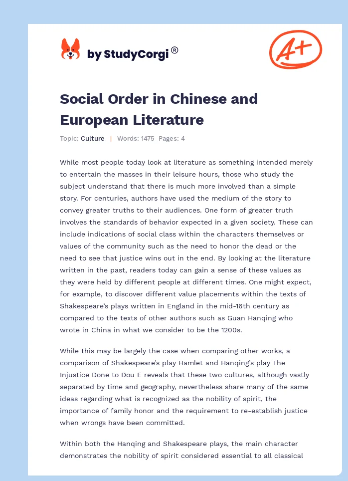Social Order in Chinese and European Literature. Page 1