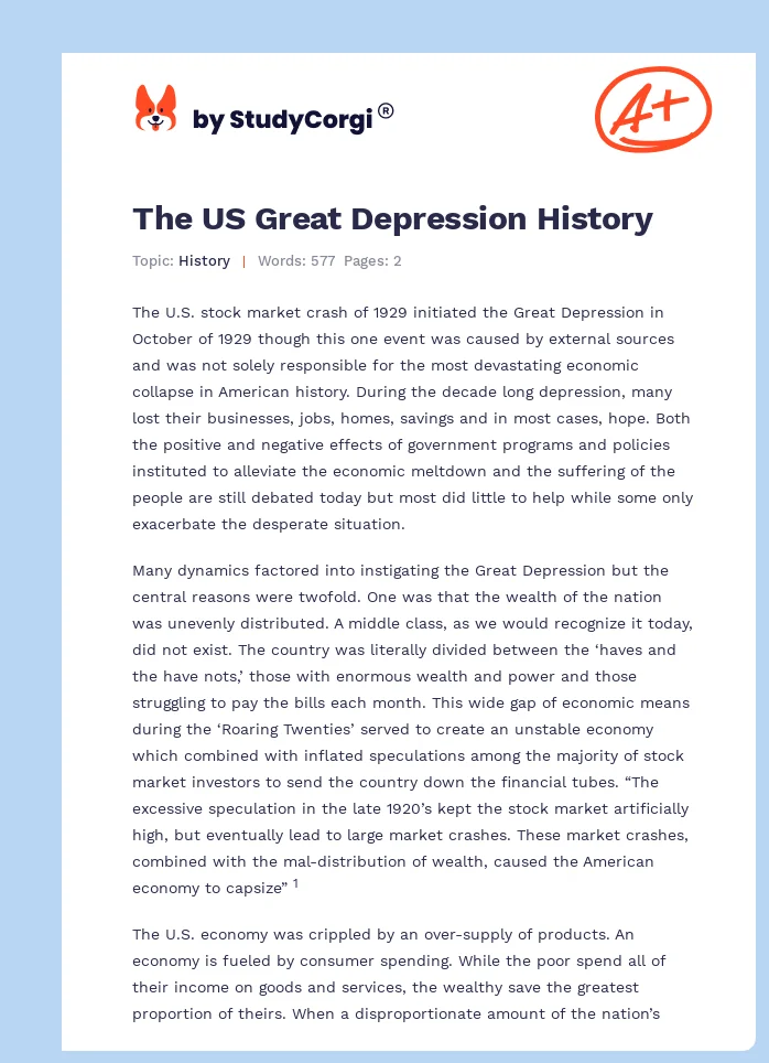 The US Great Depression History. Page 1