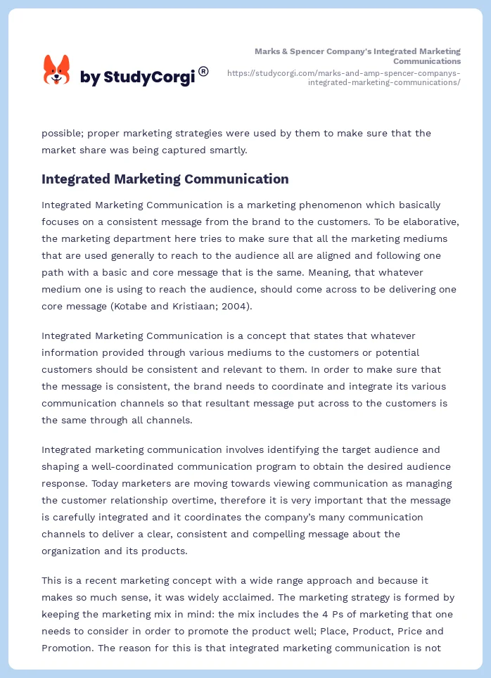 Marks & Spencer Company's Integrated Marketing Communications. Page 2