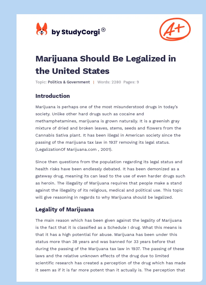 Marijuana Should Be Legalized in the United States. Page 1