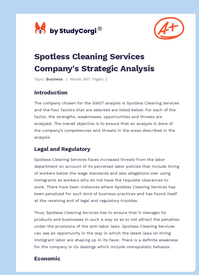 Spotless Cleaning Services Company's Strategic Analysis. Page 1
