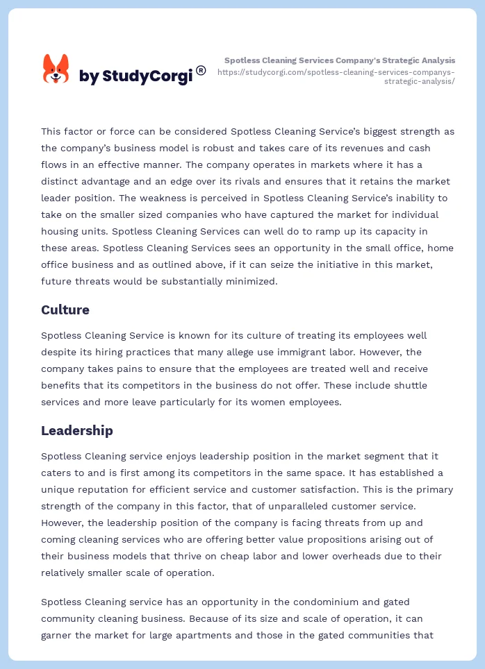 Spotless Cleaning Services Company's Strategic Analysis. Page 2