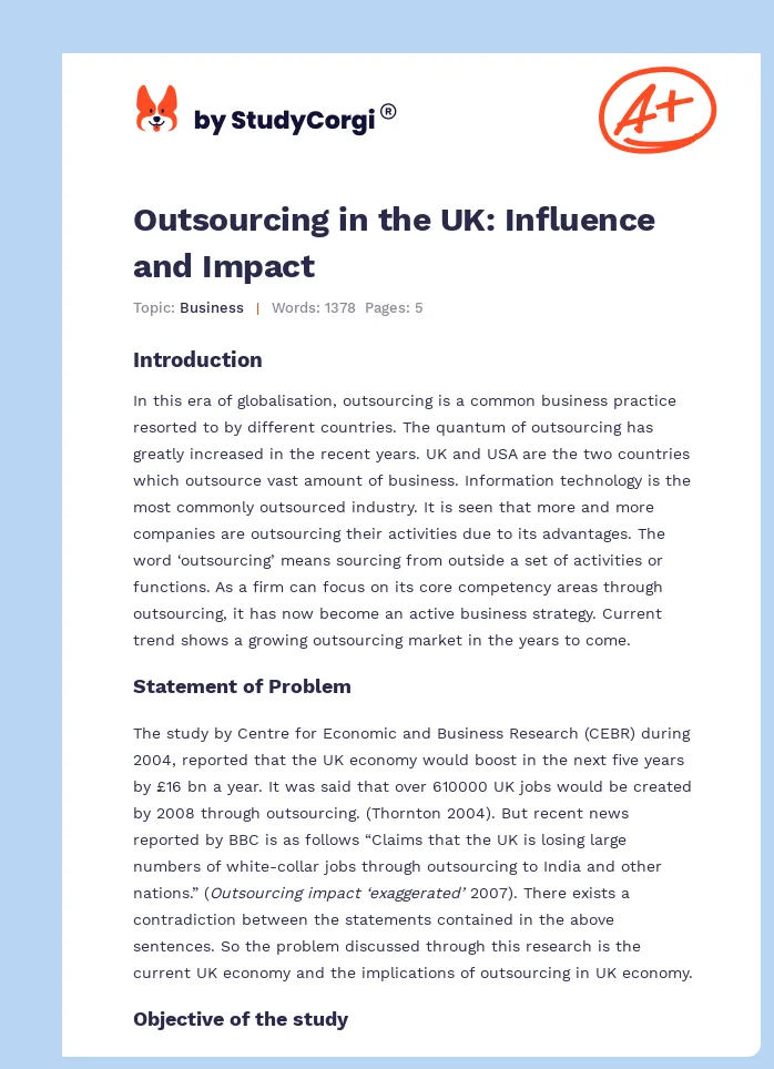Outsourcing in the UK: Influence and Impact. Page 1