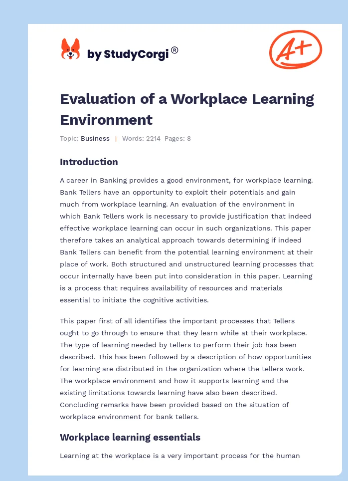 Evaluation of a Workplace Learning Environment. Page 1