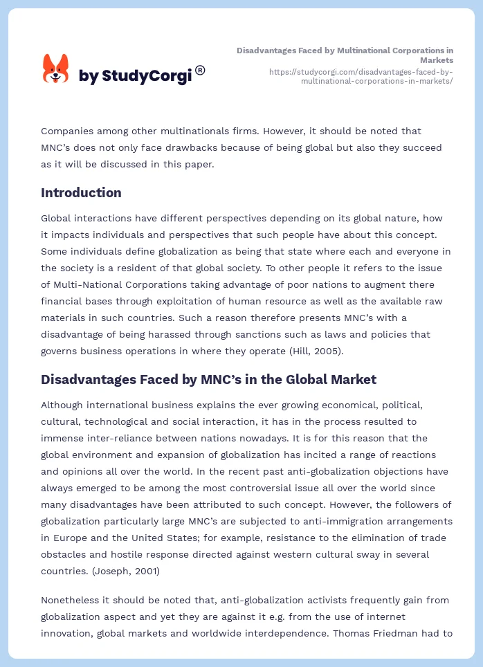 Disadvantages Faced by Multinational Corporations in Markets. Page 2