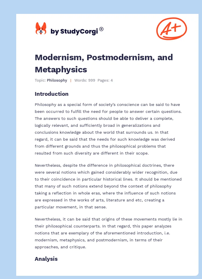 Modernism, Postmodernism, and Metaphysics. Page 1