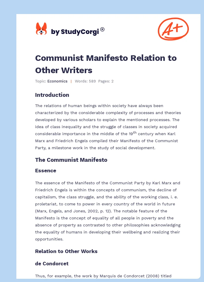 Communist Manifesto Relation to Other Writers. Page 1