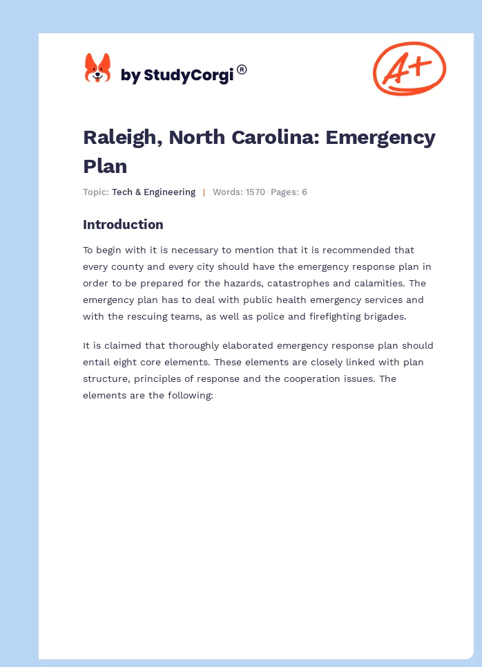 Raleigh, North Carolina: Emergency Plan. Page 1
