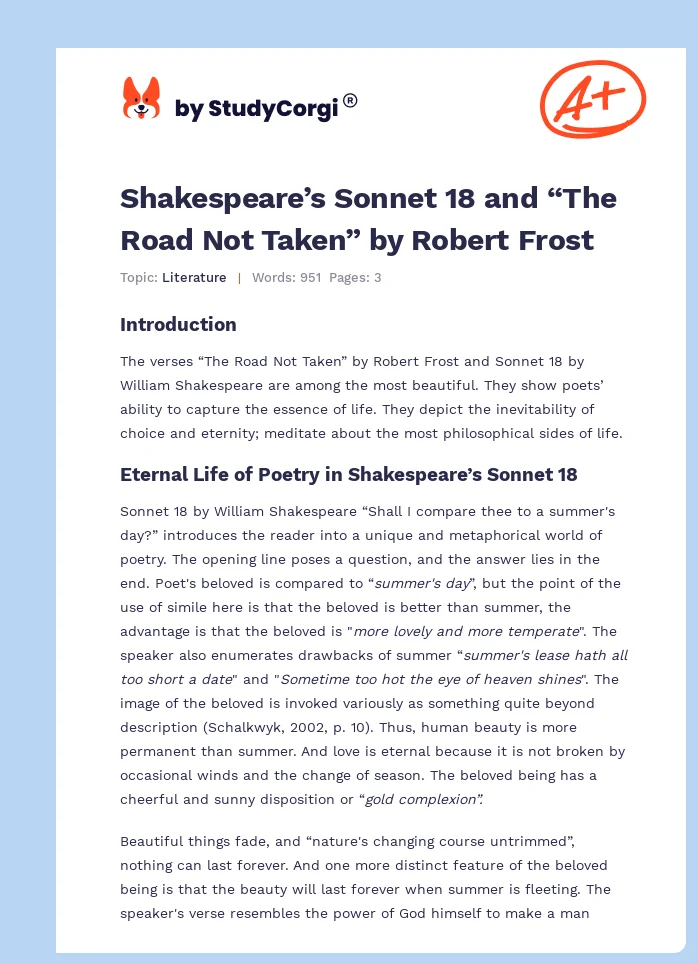 Shakespeare’s Sonnet 18 and “The Road Not Taken” by Robert Frost. Page 1