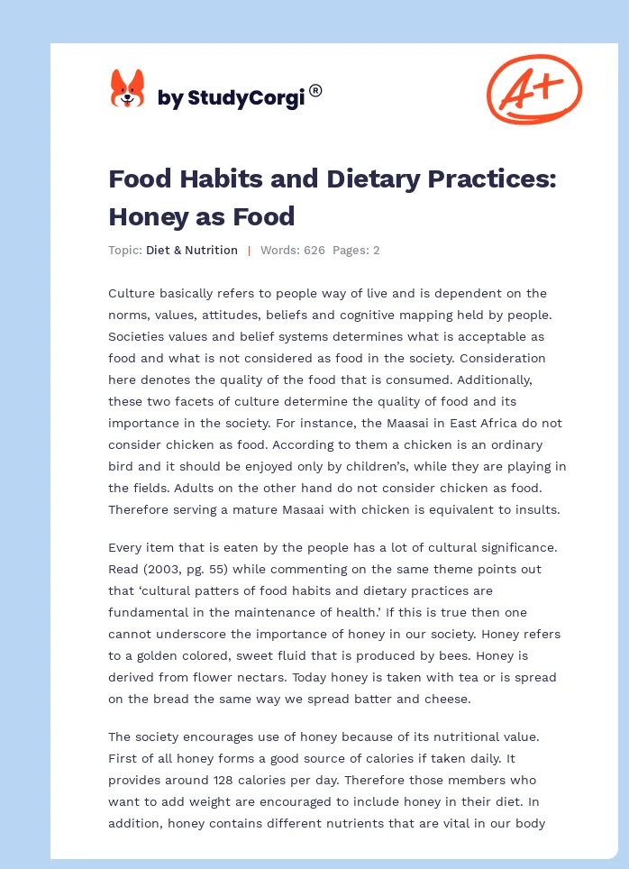 Food Habits and Dietary Practices: Honey as Food. Page 1