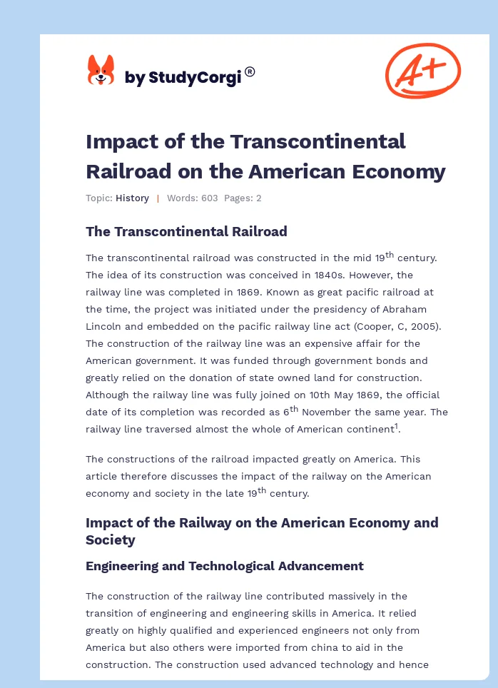 Impact of the Transcontinental Railroad on the American Economy. Page 1