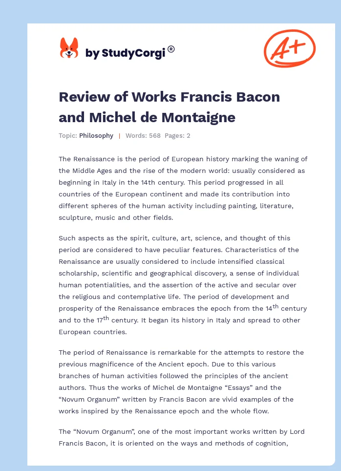 Review of Works Francis Bacon and Michel de Montaigne. Page 1