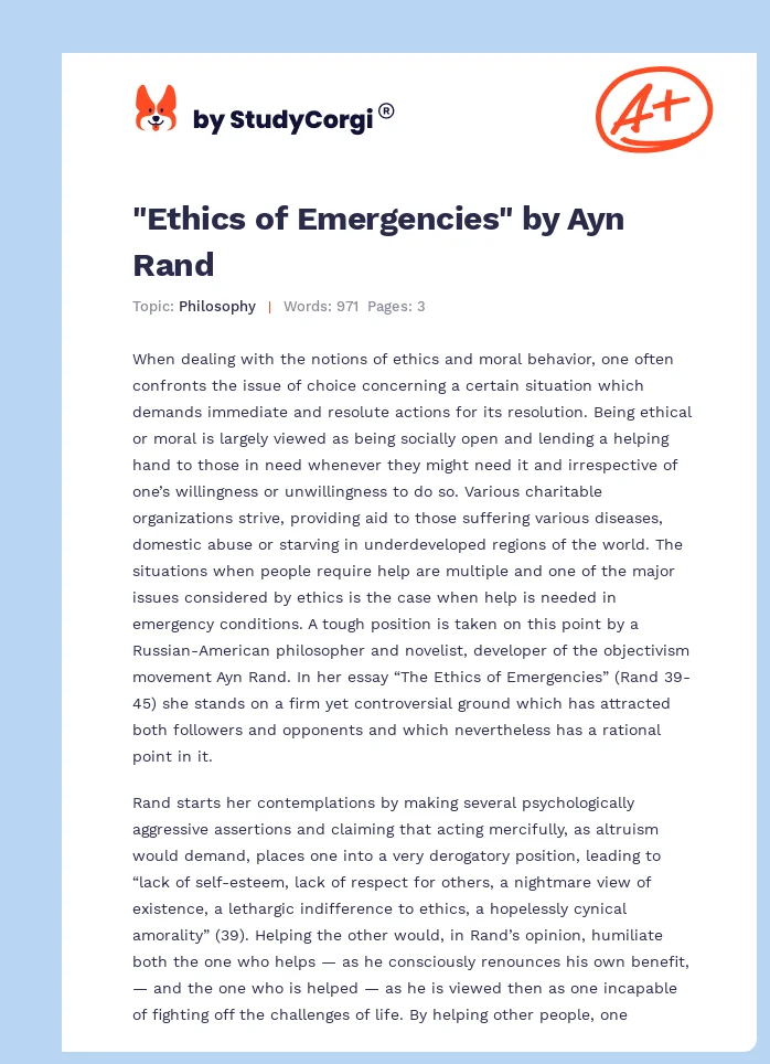 "Ethics of Emergencies" by Ayn Rand. Page 1