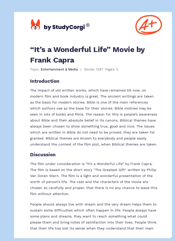 “It’s a Wonderful Life” Movie by Frank Capra. Page 1