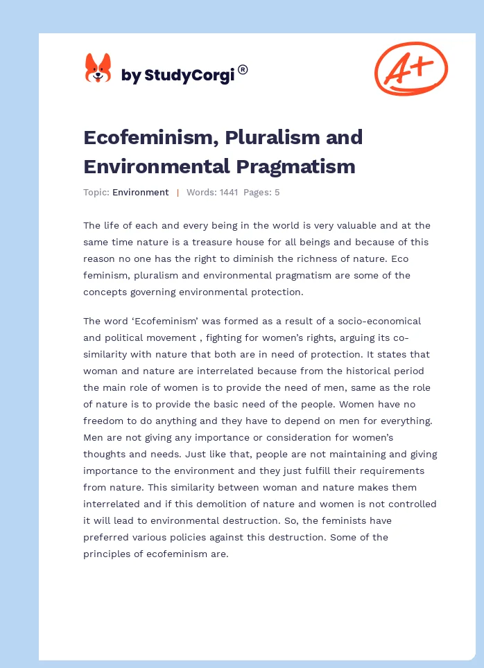 Ecofeminism, Pluralism and Environmental Pragmatism. Page 1