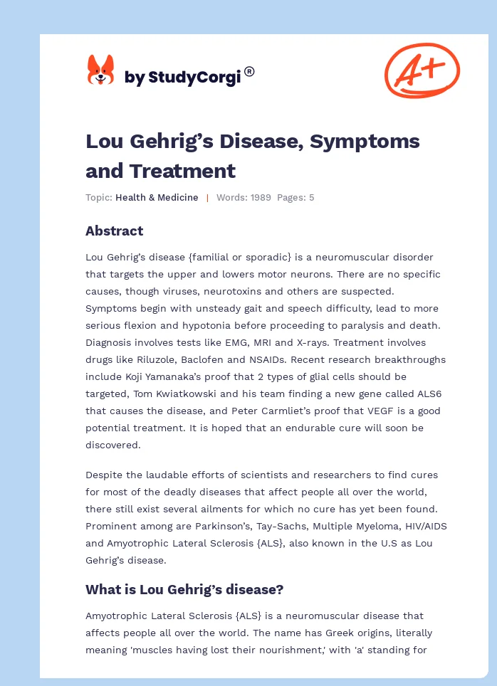 Lou Gehrig’s Disease, Symptoms and Treatment. Page 1